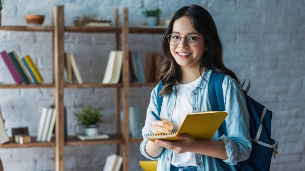 Portrait d'une étudiante occasionnelle souriante avec un sac à dos écrivant dans un bloc-notes tout en étant debout avec bo