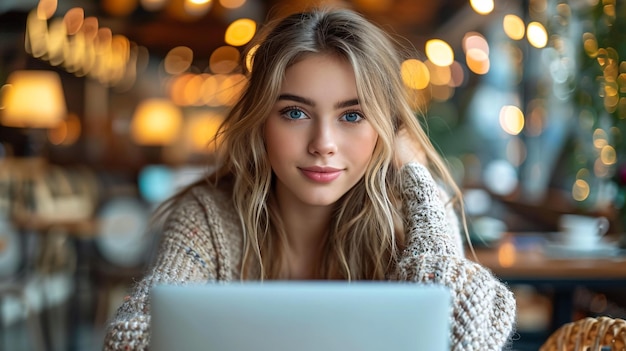 Photo portrait d'une étudiante souriante et heureuse en classe de technologie avec un ordinateur portable en arrière-plan