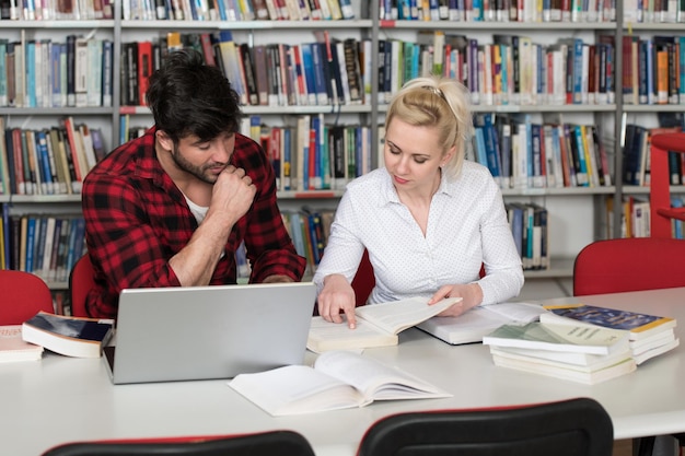 Portrait d'étudiants attrayants faisant du travail scolaire avec un ordinateur portable dans la bibliothèque