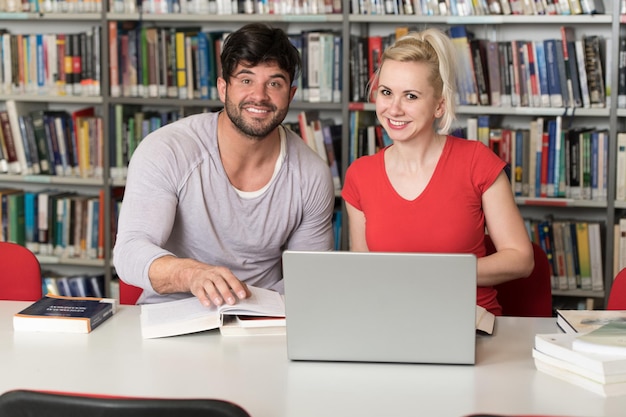 Portrait d'étudiants attrayants faisant du travail scolaire avec un ordinateur portable dans la bibliothèque