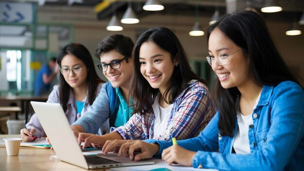 Portrait d'étudiants heureux à la peau foncée se réunissant pour faire une présentation ou un travail de projet.