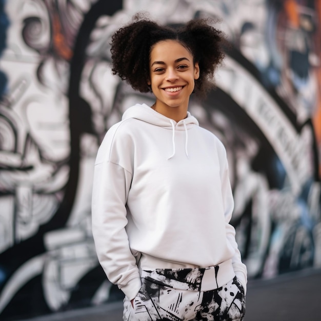 Portrait extérieur ai génératif d'une jeune femme métisse portant un pull blanc