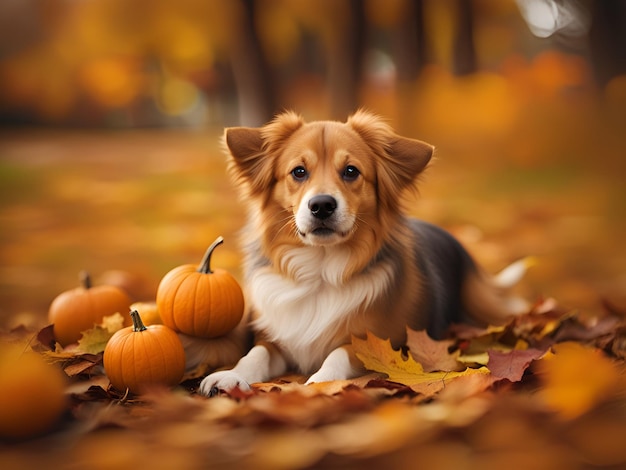 Portrait extérieur d'automne d'un chien mignon allongé à côté des citrouilles