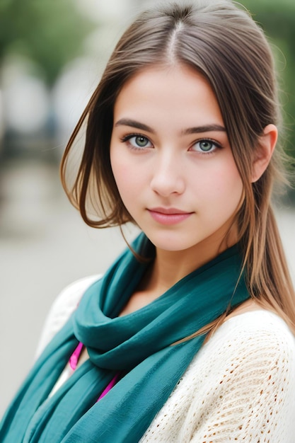 Portrait extérieur d'une belle jeune femme portant un foulard regardant la caméra