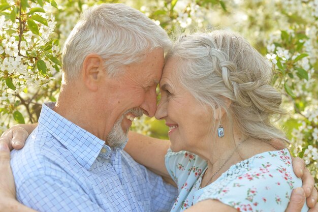 Portrait extérieur d'un couple âgé heureux