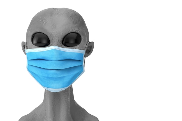 Portrait d'un extraterrestre gris dans un masque de protection médicale pour la prévention du coronavirus COVID-19 sur fond blanc. Rendu 3D