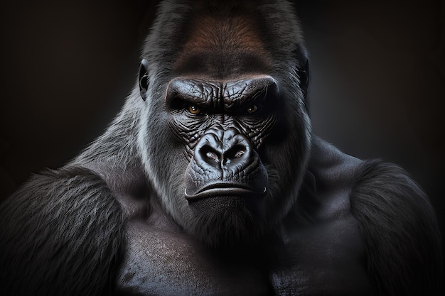 Portrait face puissant gorille mâle dominant sur fond noir, IA générative