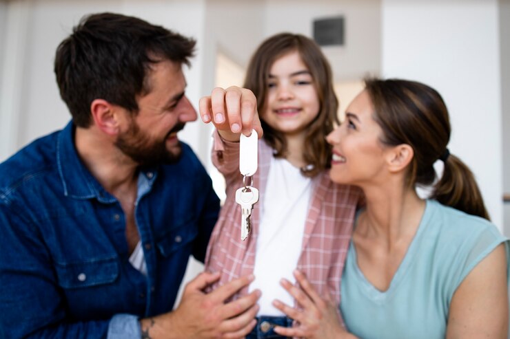 Portrait de famille caucasienne souriante avec fille tenant les clés de leur nouvelle maison.
