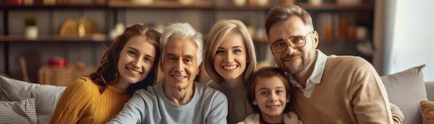 Photo portrait de famille concentrez-vous sur une famille multigénérationnelle posant pour une photo avec un décor confortable dans le salon, une lumière du soir, un espace vide au centre pour le texte de noël.