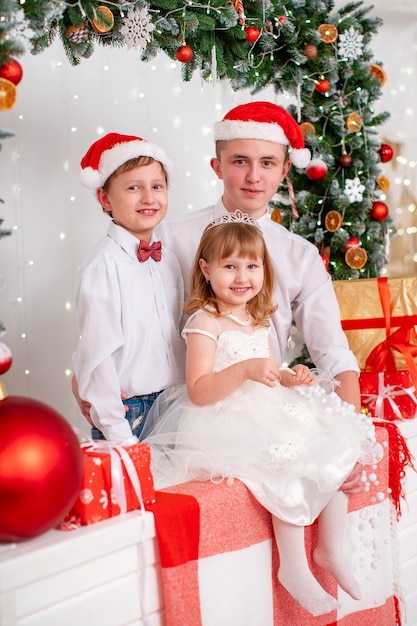 Portrait de famille dans le studio décoré pour la nouvelle année. Photo de famille de Noël pour la mémoire. enfants souriants frères et sœurs. guirlande de conifères décorée de jouets de Noël.