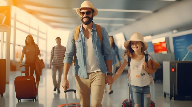 Photo portrait de famille d'expression heureuse voyageur à l'aéroport ai généré