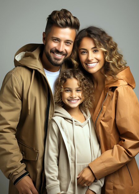 un portrait de famille avec une fille et un homme portant un imperméable marron.