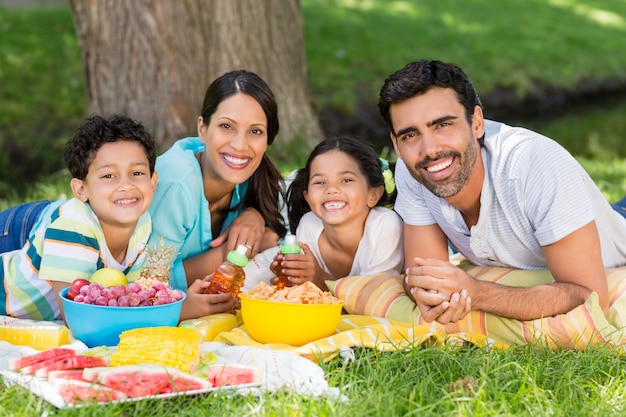 Portrait, de, famille heureuse, apprécier, ensemble, dans parc