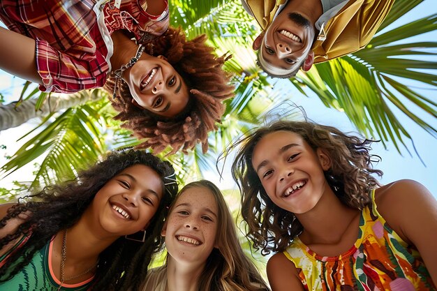 Photo portrait d'une famille heureuse dans un parc en cercle.