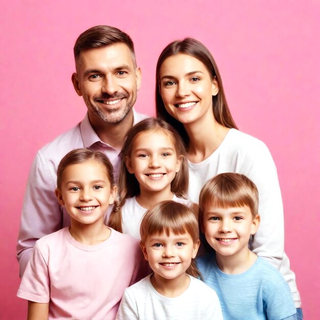 Portrait d'une famille heureuse avec des enfants sur un fond blanc