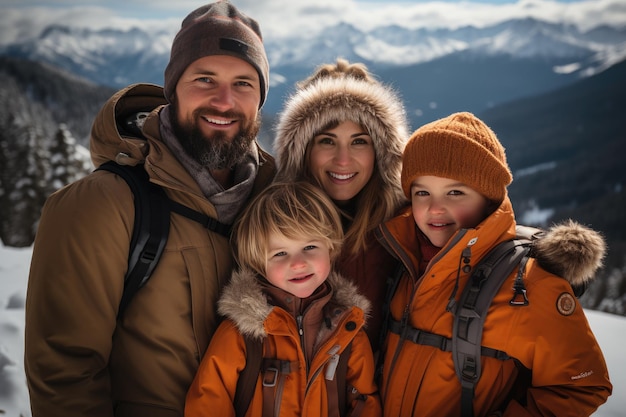 Photo portrait d'une famille heureuse sur le fond des montagnes d'hiver