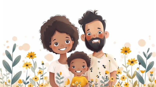 Un portrait de famille heureuse de race mixte avec des parents et un enfant Mère et enfant sont internationaux Mère et père sont biraciaux Fond blanc illustration moderne avec une illustration moderne d'un