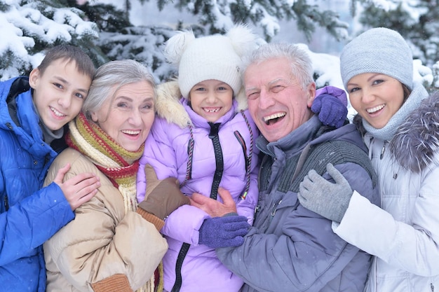 Portrait de famille heureux, souriant et posant à l'extérieur en hiver