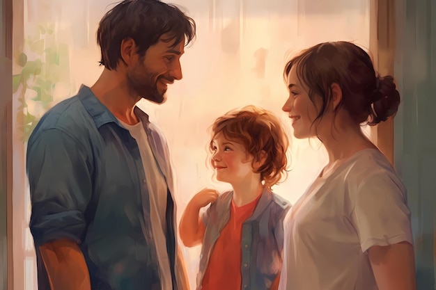 Un portrait de famille avec un homme et une femme qui se regardent.