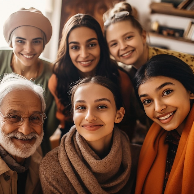 Photo portrait d'une famille indienne avec un homme âgé et ses petits-enfants dans le salon d'une maison lors d'une visite amour heureux et un grand-père posant avec un groupe de parents de filles dans leur maison