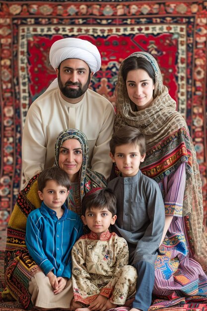 un portrait de famille avec des membres vêtus de vêtements traditionnels persans pour Nowruz