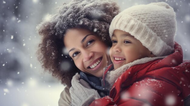 Portrait d'une famille mère et fils profitant de la neige de l'hiver pendant la saison de Noël
