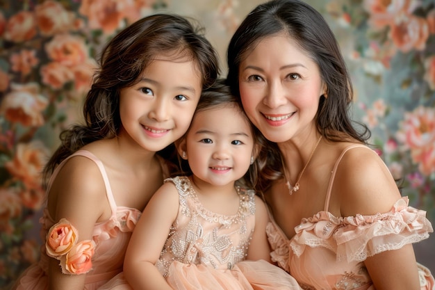 Photo portrait de famille d'une mère souriante avec deux filles en robes élégantes posant ensemble