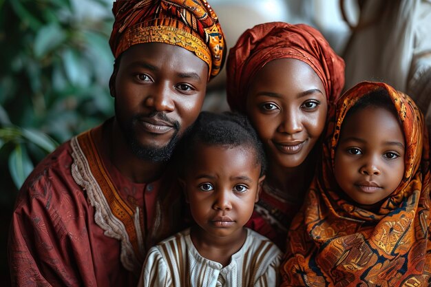 Portrait d'une famille musulmane africaine heureuse dans des vêtements traditionnels