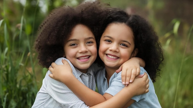 Portrait de famille de sœurs heureuses de race mixte qui s'embrassent et ont des expressions satisfaites.