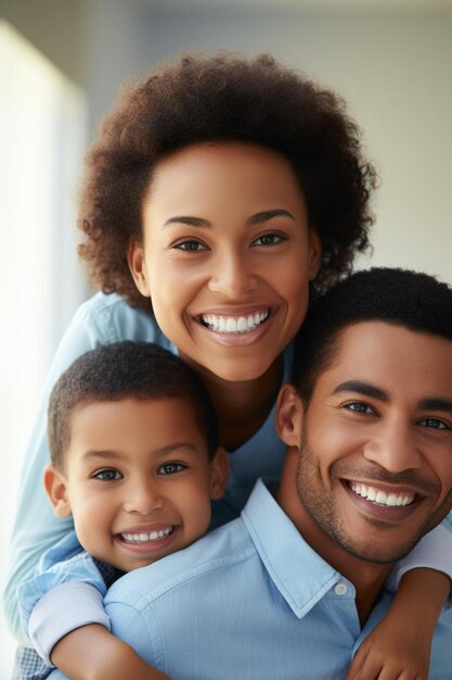 Photo un portrait de famille avec trois personnes et un sourire