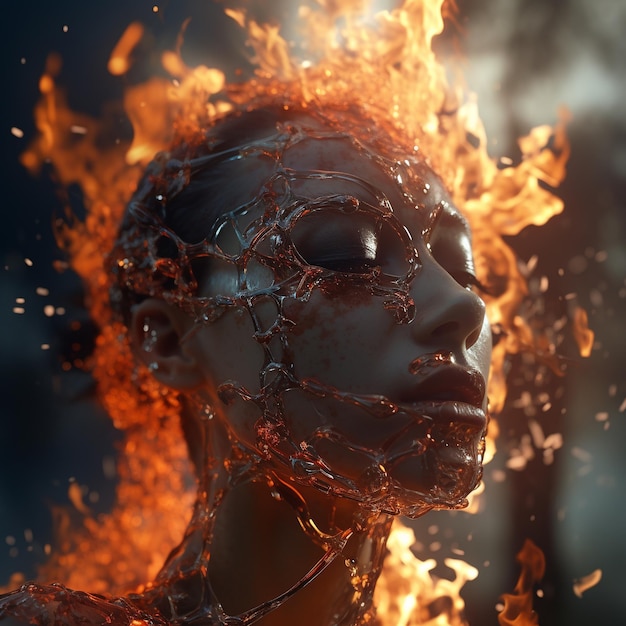 Portrait fantastique d'une femme dans un feu rendu en 3D