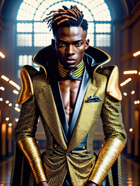 Portrait fantastique d'un homme afro-américain dans un costume élégant doré
