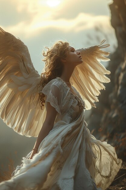 Portrait fantastique d'une jeune femme ange avec des ailes dans le ciel