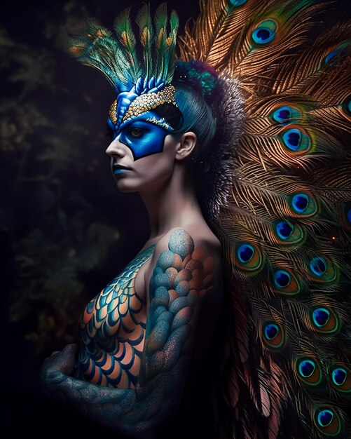 Portrait fantastique d'une reine de créature féminine paon en plumes colorées