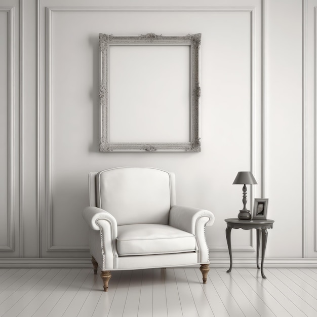 Portrait de fauteuil cadre d'image suspendu sur un mur blanc