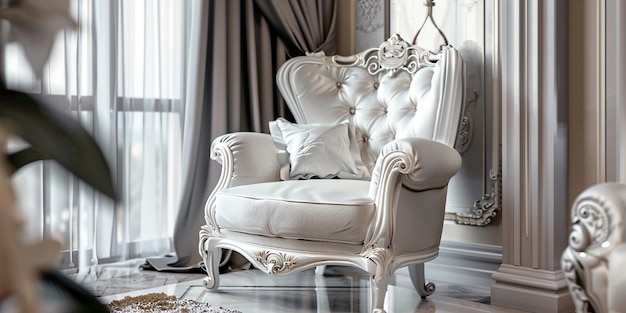 Portrait d'un fauteuil victorien dans l'intérieur d'une chambre de luxe moderne