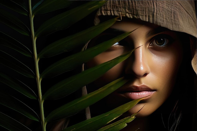 Portrait féminin avec des feuilles de branche de palmier au premier plan et maquillage du visage beauté
