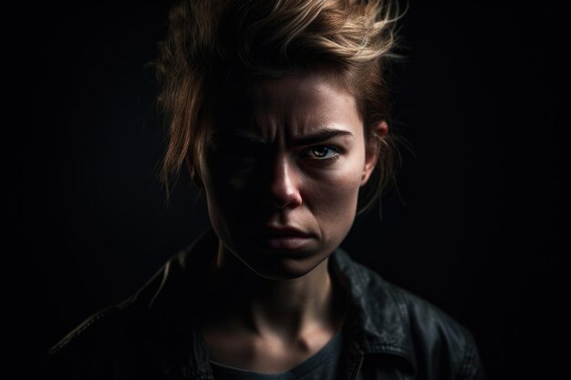 Portrait féminin mettant en valeur la colère et le défi dans un studio maussade et dramatique avec une profonde