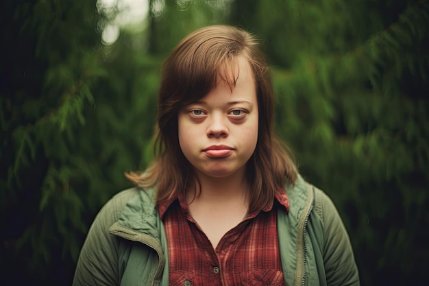 Photo portrait d'une femme adulte trisomique debout à l'extérieur générative ai