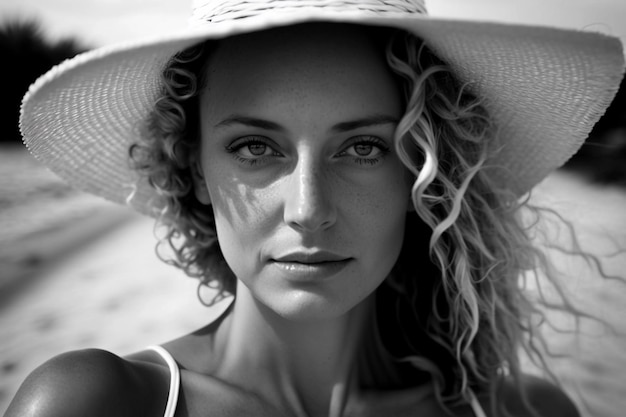 Portrait d'une femme adulte en vacances dans un chapeau photo noir et blanc génération AI