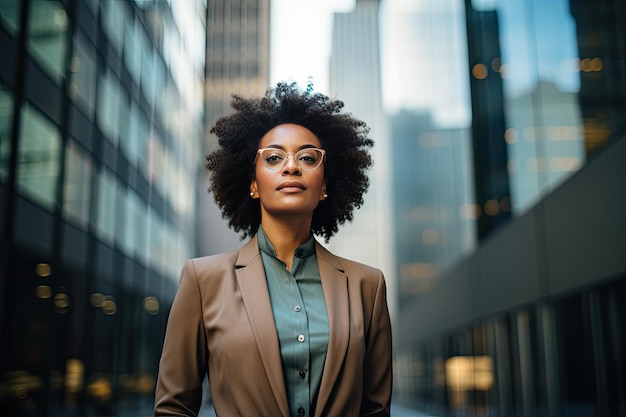 Portrait d'une femme d'affaires afro-américaine d'âge moyen avec des lunettes et un costume officiel sur fond de gratte-ciel dans le quartier des affaires de la ville Succès et prospérité