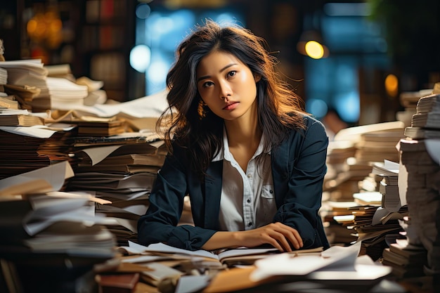 Portrait d'une femme d'affaires asiatique assise et travaillant dur devant l'ordinateur et beaucoup de documents sur la table sur le lieu de travail à la fin avec une action sérieuse Concept de travail dur et trop tard