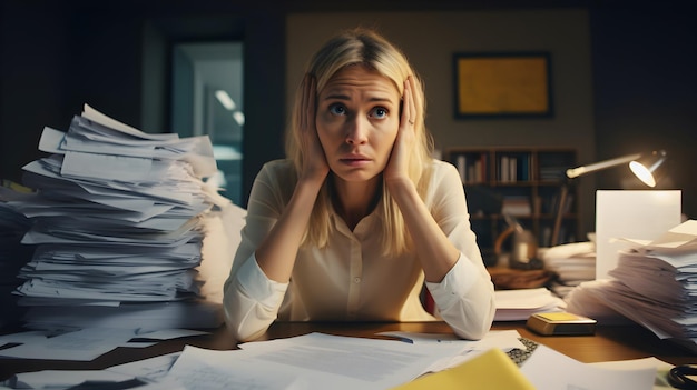 Portrait d'une femme d'affaires caucasienne assise et travaillant dur et beaucoup de documents