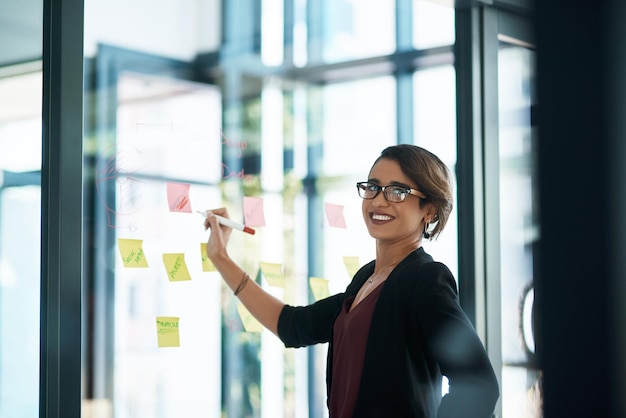 Portrait de femme d'affaires et écriture sur un tableau d'humeur en verre pour des idées de marketing, un flux de travail ou un projet de remue-méninges Travailleur professionnel ou une personne des notes autocollantes et un rappel de calendrier ou une solution créative