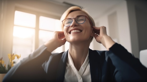 Portrait d'une femme d'affaires heureuse à lunettes souriant et regardant ailleurs AI générative