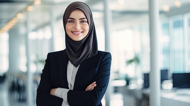 portrait d'une femme d'affaires musulmane hijabi dans un bureau avec ses mains pliées dans le style de smoot