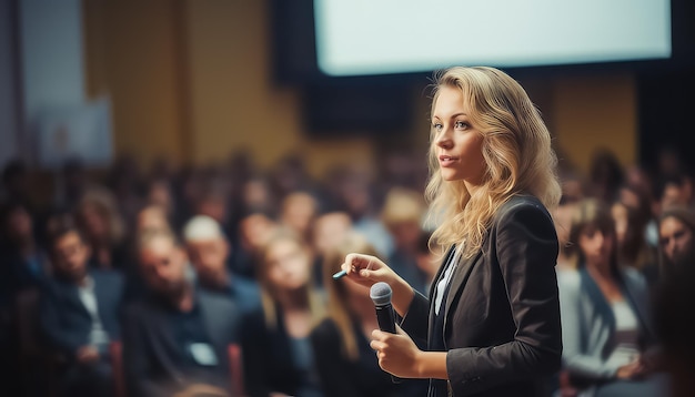 Portrait d'une femme d'affaires professionnelle avec des collègues conférenciers à la conférence