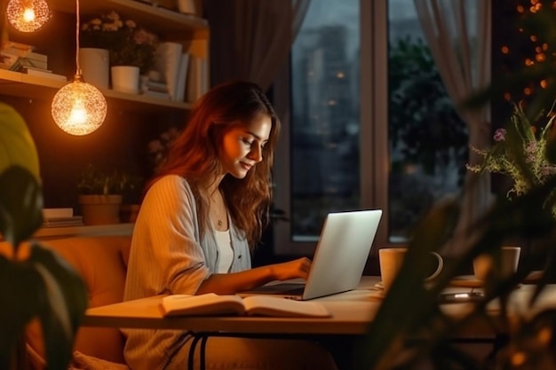Portrait d'une femme d'affaires prospère heureuse utilisant un ordinateur portable dans une agence de création le soir