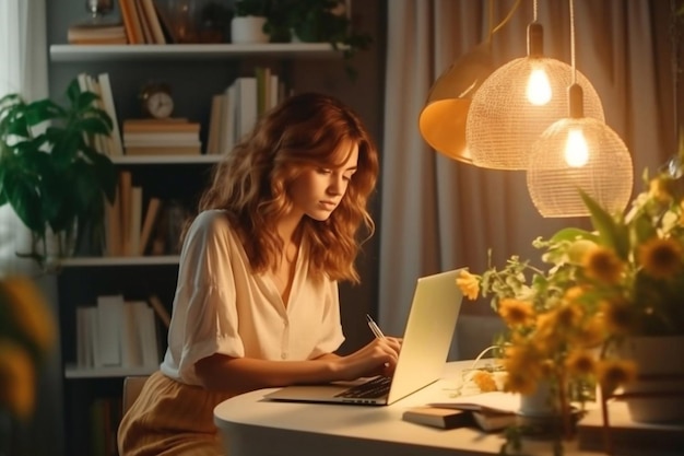 Portrait d'une femme d'affaires prospère heureuse utilisant un ordinateur portable dans une agence de création le soir