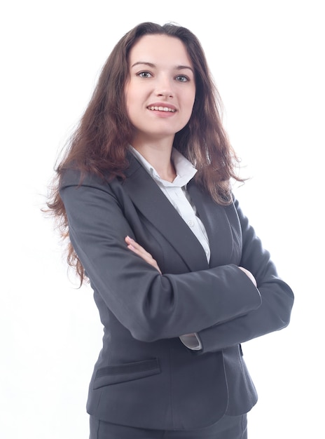 Portrait de femme d'affaires prospère.isolé sur un mur blanc